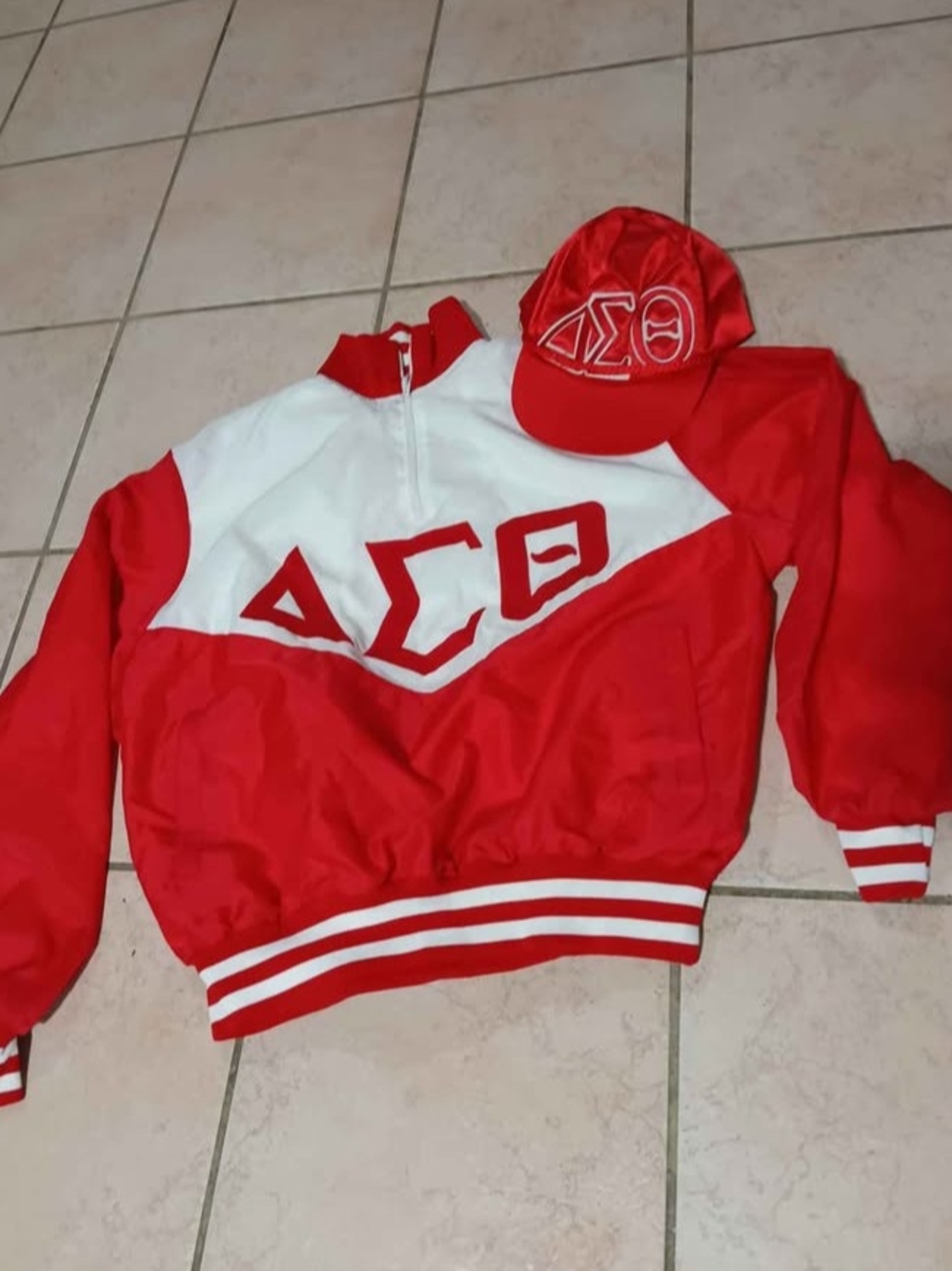 Red & White Women Pullover Jacket with Matching Cap - Delta Sigma Theta Style